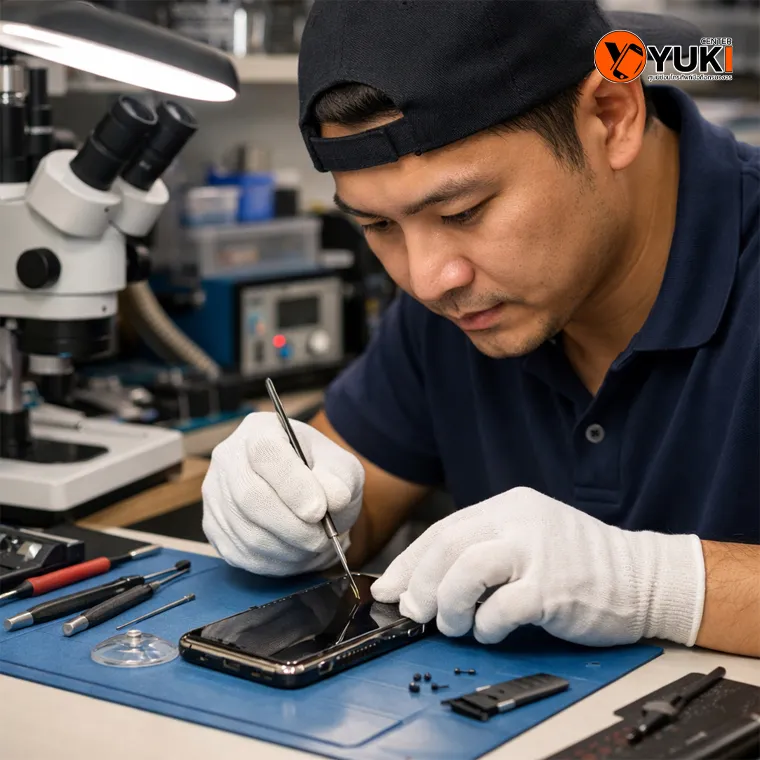 ช่างผู้เชี่ยวชาญกำลังซ่อมหน้าจอ Samsung Galaxy S23 Ultra บนโต๊ะซ่อมมาตรฐาน ตรวจงานละเอียดในห้องซ่อมสะอาดของ Yuki Center