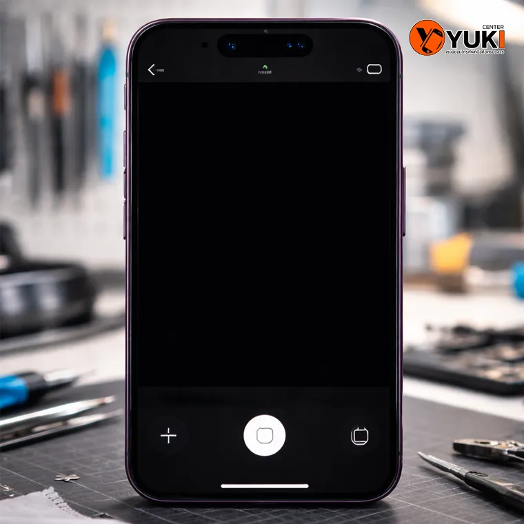 ภาพใกล้ของกล้องหน้า iPhone 14 Pro Max เปิดแล้วหน้าจอดำ กล้องไม่แสดงภาพ