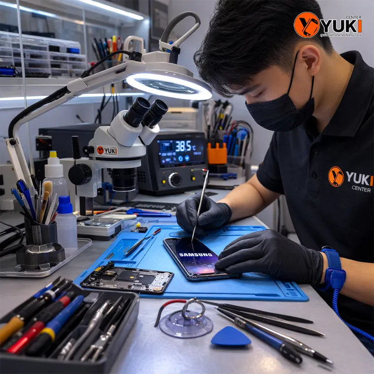 ช่างผู้เชี่ยวชาญกำลังซ่อมหน้าจอ Samsung ในห้องซ่อมสะอาดของ Yuki Center ใช้กล้องจุลทรรศน์และอุปกรณ์มาตรฐานระดับมืออาชีพ