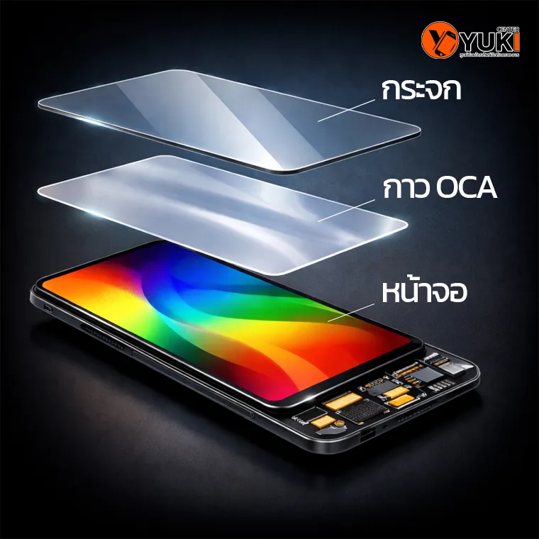 โครงสร้างหน้าจอ Samsung Galaxy S23 Ultra แยกชั้นกระจก ชั้นกาว OCA และหน้าจอ AMOLED ใช้อธิบายการลอกกระจกและเปลี่ยนจอ