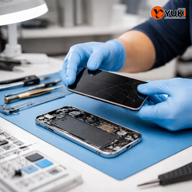 ช่างกำลังเปลี่ยนหน้าจอ iPhone หน้าจอแตก บนโต๊ะซ่อมมาตรฐาน ใกล้ฟิวเจอร์รังสิต ซ่อมอย่างปลอดภัย