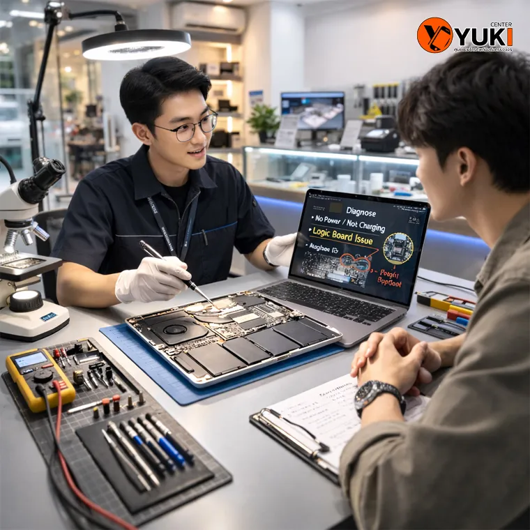 ช่างอธิบายอาการ MacBook ให้ลูกค้าฟัง พร้อมตรวจเช็กภายในเครื่อง ใกล้ฟิวเจอร์รังสิต