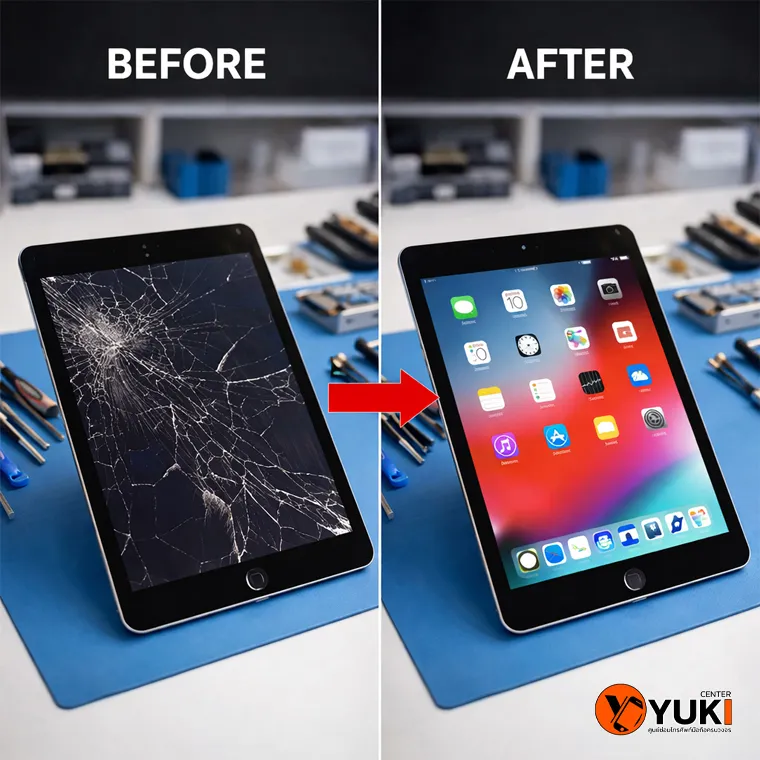 Before After ซ่อมจอ iPad หน้าจอแตก ก่อนและหลังซ่อม โดยช่างมืออาชีพ ใกล้ฟิวเจอร์รังสิต
