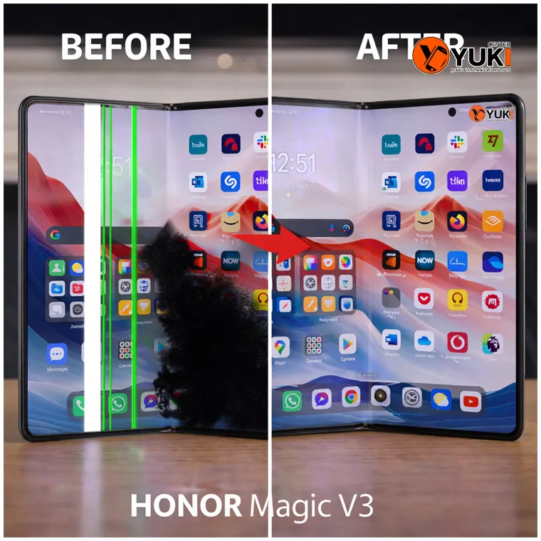 เปรียบเทียบก่อนและหลังซ่อม Honor Magic V3 จอพับด้านใน จากจอขึ้นเส้นเขียวและหมึกดำลาม เป็นหน้าจอปกติหลังซ่อม