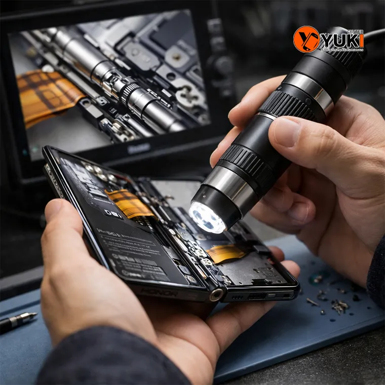 ช่างผู้เชี่ยวชาญกำลังตรวจบานพับและโครงสร้างภายใน Honor Magic V3 อย่างละเอียด ก่อนประเมินการซ่อม