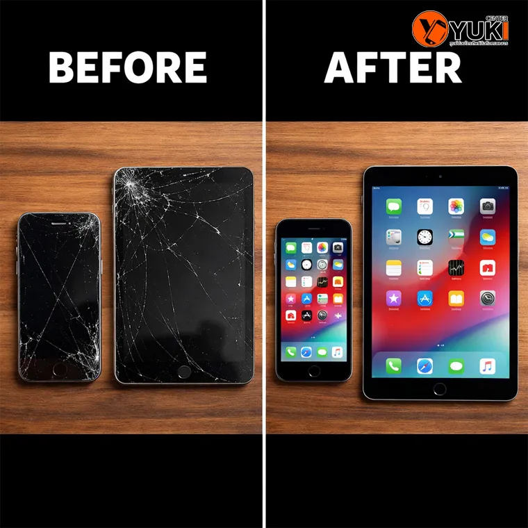 ภาพก่อนและหลังซ่อม iPhone และ iPad หน้าจอแตก จาก Yuki Center ร้านซ่อม iPhone iPad รังสิต ซ่อมจอเรียบ สวย กลับมาใช้งานปกติ