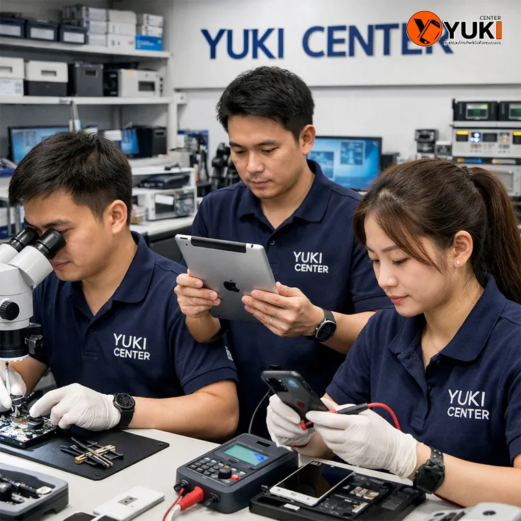 ทีมช่างผู้เชี่ยวชาญของ Yuki Center กำลังตรวจเช็ก iPhone และ iPad ด้วยอุปกรณ์เฉพาะทาง ภายในห้องซ่อมมาตรฐานสะอาด ปลอดฝุ่น