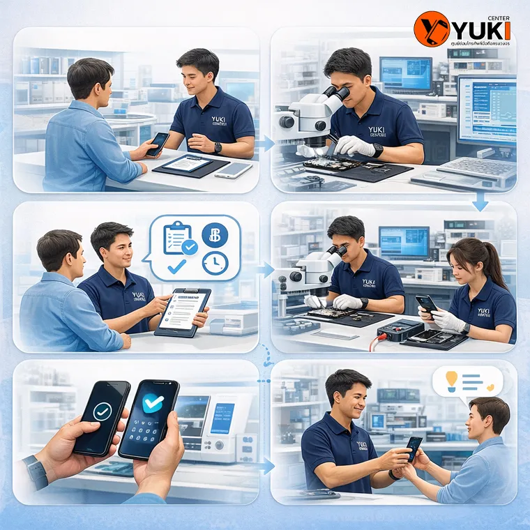 Infographic ขั้นตอนการซ่อม iPhone และ iPad ของ Yuki Center ตั้งแต่รับเครื่อง ตรวจเช็ก ซ่อม ทดสอบ จนส่งมอบ โดยทีมช่างมืออาชีพในห้องซ่อมมาตรฐาน