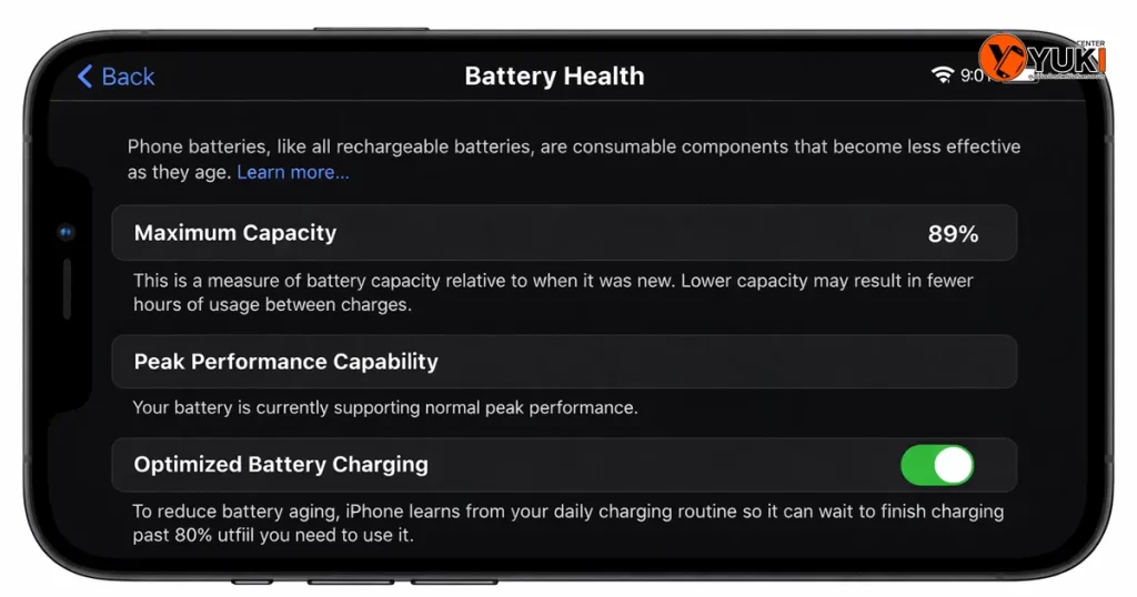 หน้าจอ Battery Health iPhone แสดงสุขภาพแบตเตอรี่ 89% แบตเริ่มเสื่อม ควรเปลี่ยนแบต iPhone