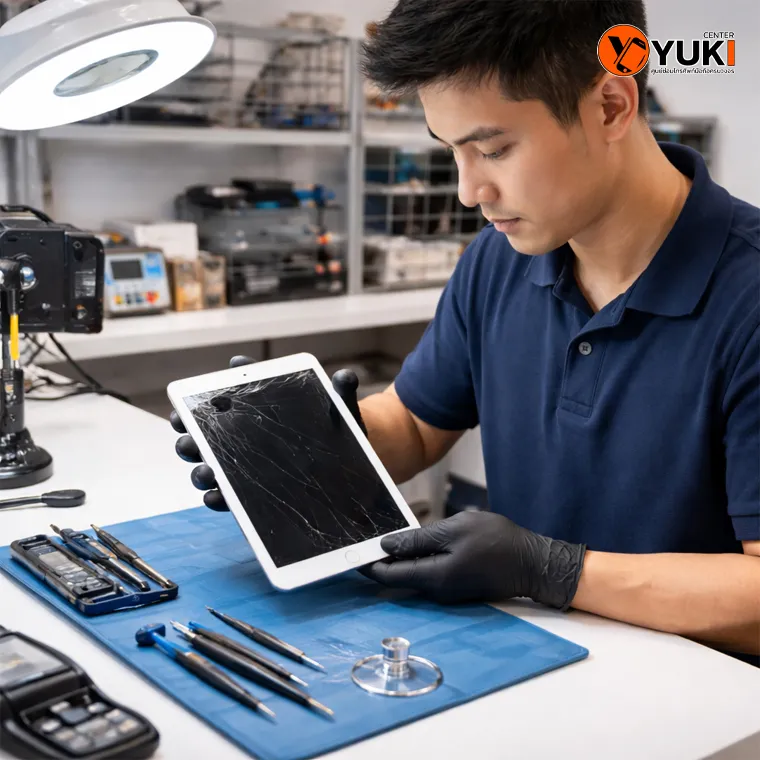ช่างกำลังตรวจเช็ก iPad หน้าจอแตกในห้องซ่อมมาตรฐาน เพื่อประเมินราคาซ่อมไอแพดหน้าจอแตกก่อนซ่อมจริง