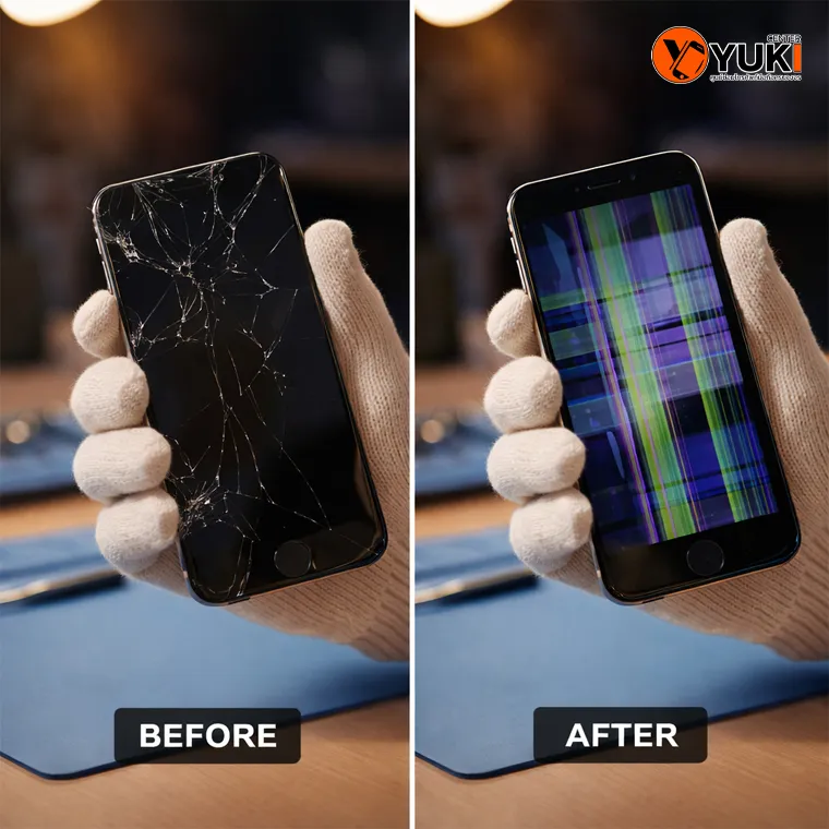 เปรียบเทียบหน้าจอ iPhone แตกเฉพาะกระจกกับจอในเสีย ก่อนและหลังซ่อมโดยช่าง Yuki Center รังสิต
