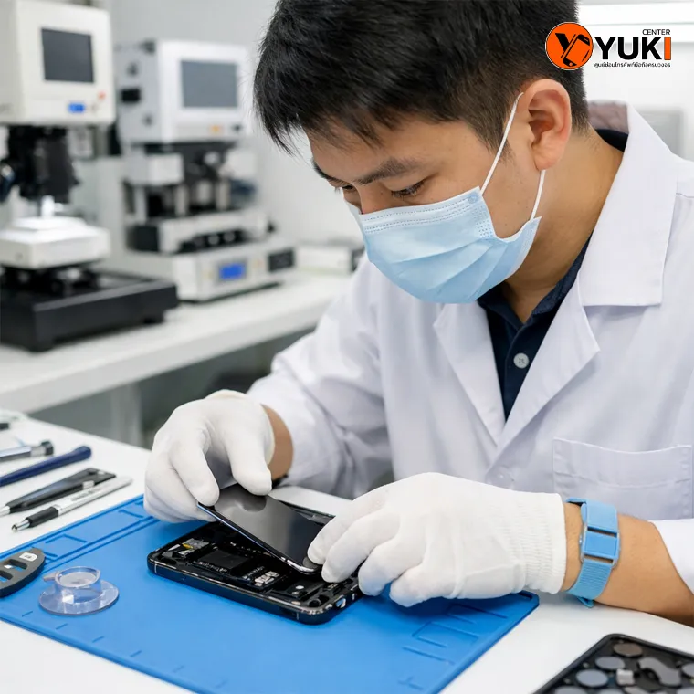 ช่างผู้เชี่ยวชาญกำลังเปลี่ยนหน้าจอ iPhone ในห้องซ่อมสะอาดมาตรฐาน Yuki Center รังสิต
