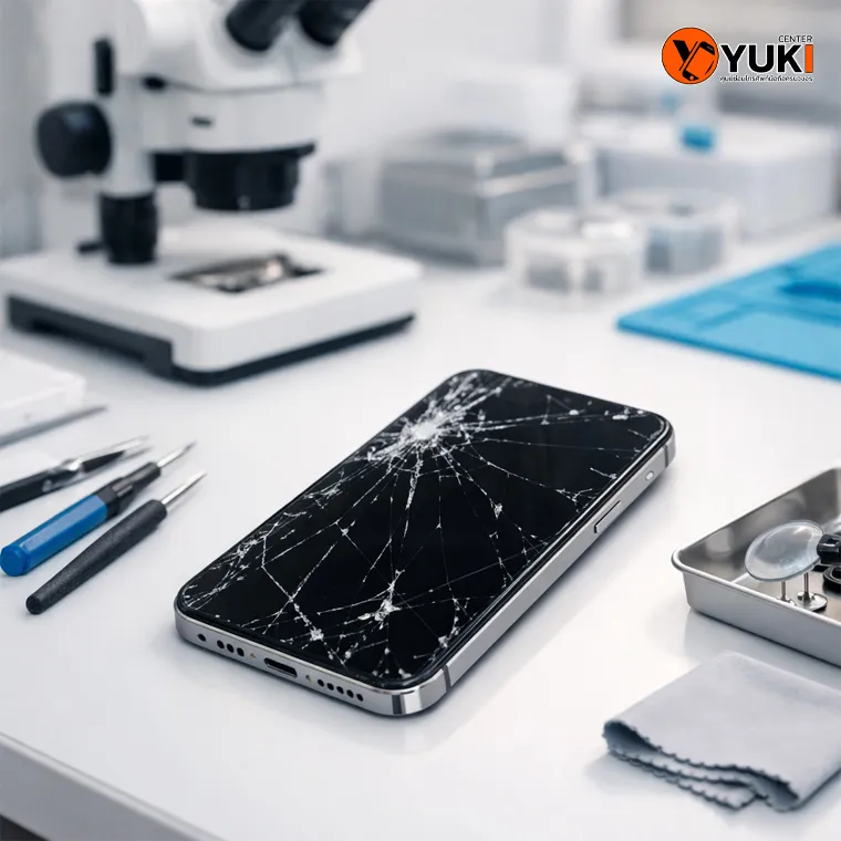 iPhone หน้าจอแตก วางบนโต๊ะซ่อมในห้อง Lab พร้อมอุปกรณ์ซ่อมมือถือ มืออาชีพ