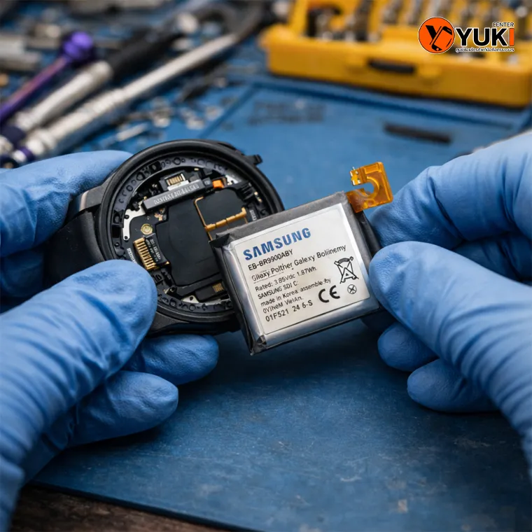 ช่างกำลังเปลี่ยนแบต Samsung Galaxy Watch บนโต๊ะซ่อม แสดงขั้นตอน Samsung Galaxy Watch battery replacement