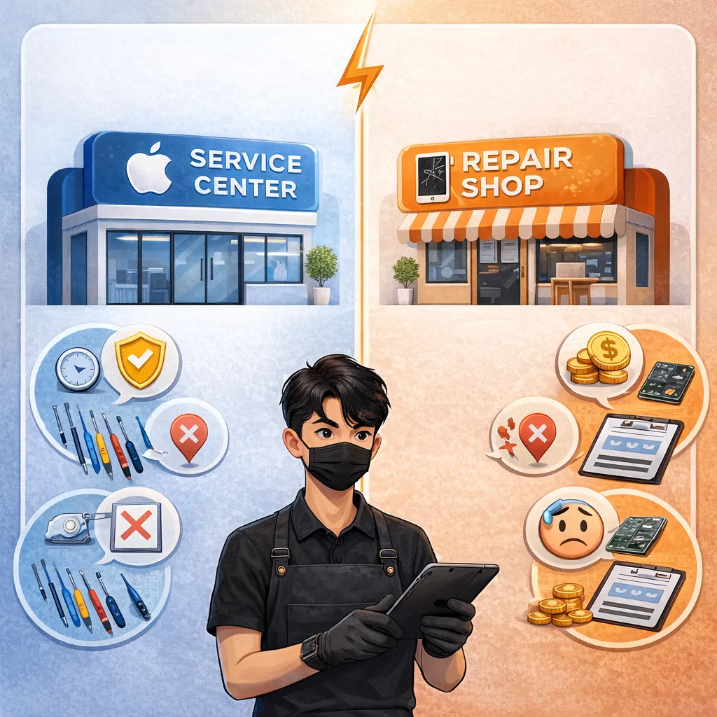 อินโฟกราฟิกเปรียบเทียบศูนย์บริการกับร้านซ่อม iPad แสดงความแตกต่างด้านราคา มาตรฐาน และความเสี่ยงในการซ่อม