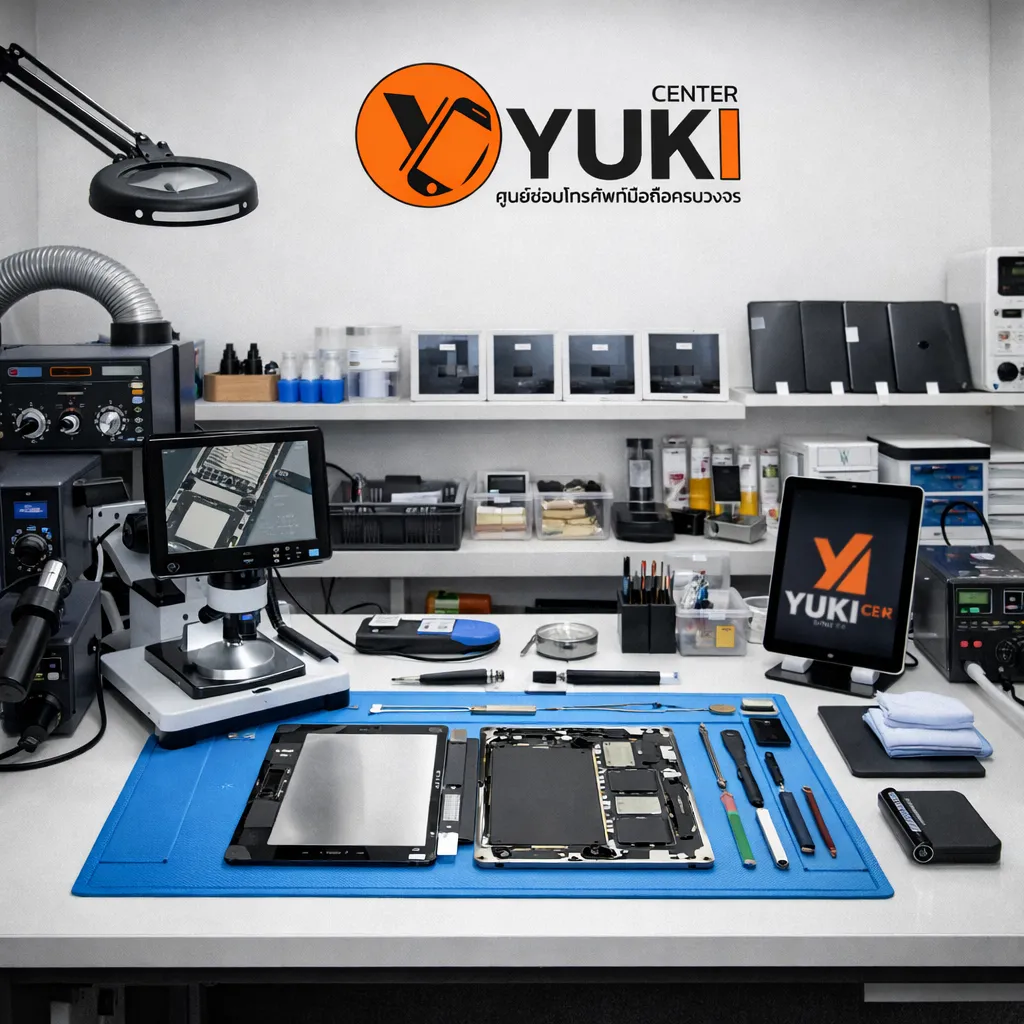 ห้องซ่อมมาตรฐานร้านซ่อม iPad Yuki Center พร้อมอุปกรณ์เฉพาะทางและโต๊ะซ่อมสะอาดสำหรับงานซ่อมระดับมืออาชีพ