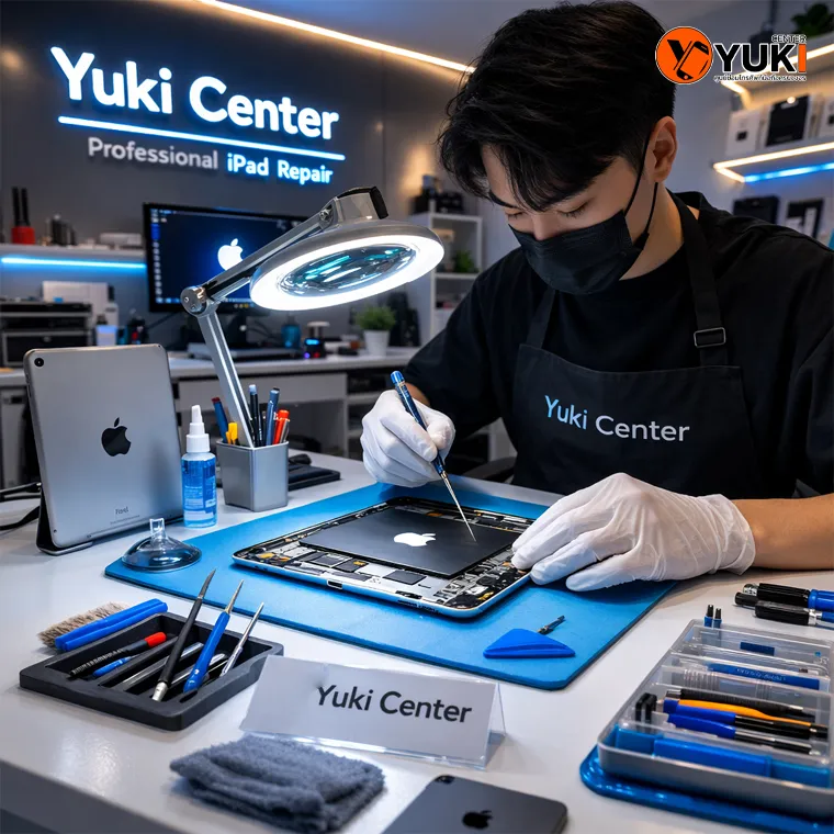 ช่างผู้เชี่ยวชาญกำลังซ่อม iPad ในห้องซ่อมสะอาดมาตรฐาน ร้านซ่อม iPad Yuki Center งานละเอียด ปลอดภัย