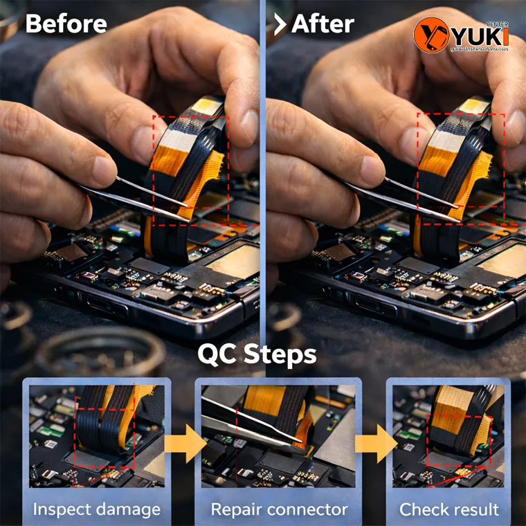 Before After การซ่อมสายแพร Honor Magic V3 พร้อมขั้นตอน QC ตรวจสอบความเสียหาย ซ่อมคอนเนคเตอร์ และทดสอบการทำงานหลังซ่อม