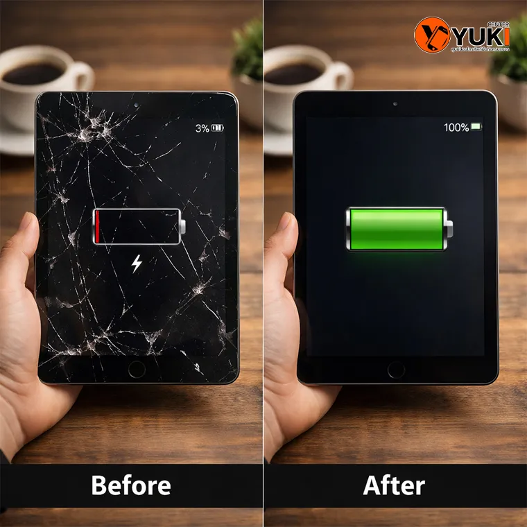 ภาพ Before After iPad จอแตก แบตเสื่อม ก่อนและหลังซ่อม เปลี่ยนจอและแบตเตอรี่โดยร้านซ่อม iPad มาตรฐาน Yuki Center