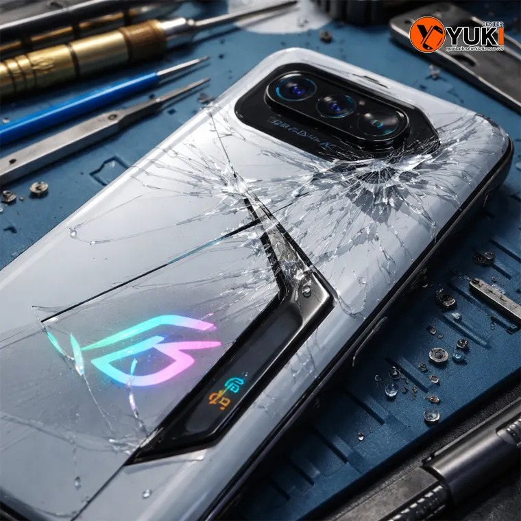 ROG Phone 8 ฝาหลังแตกกระจกแตกร้าวบนโต๊ะช่างในแล็บซ่อมมือถือ เตรียมซ่อม back glass replacement
