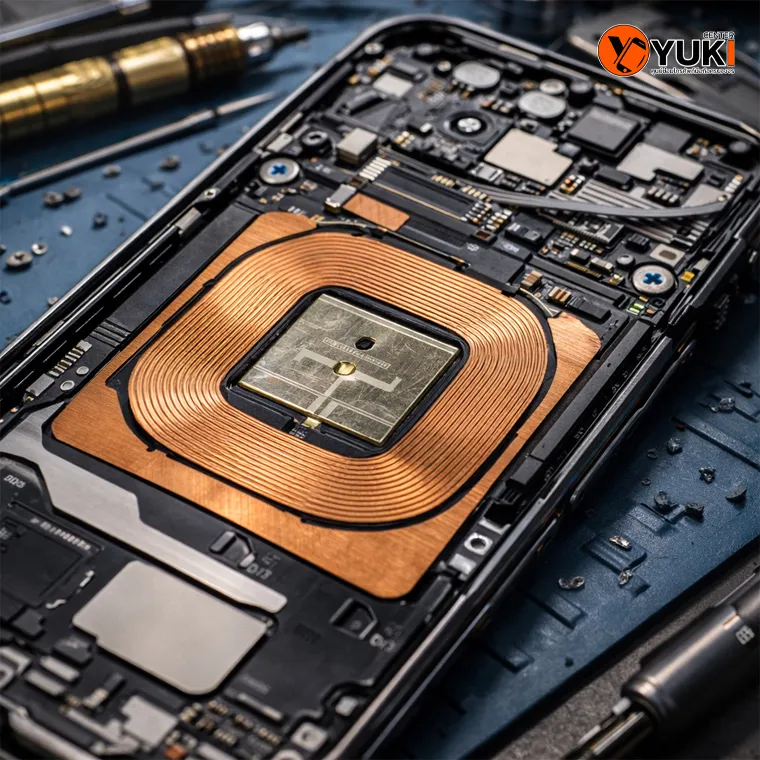 โครงสร้างภายใน ROG Phone 8 แสดง NFC และ wireless charging coil ใต้ฝาหลัง ก่อนซ่อม back glass replacement