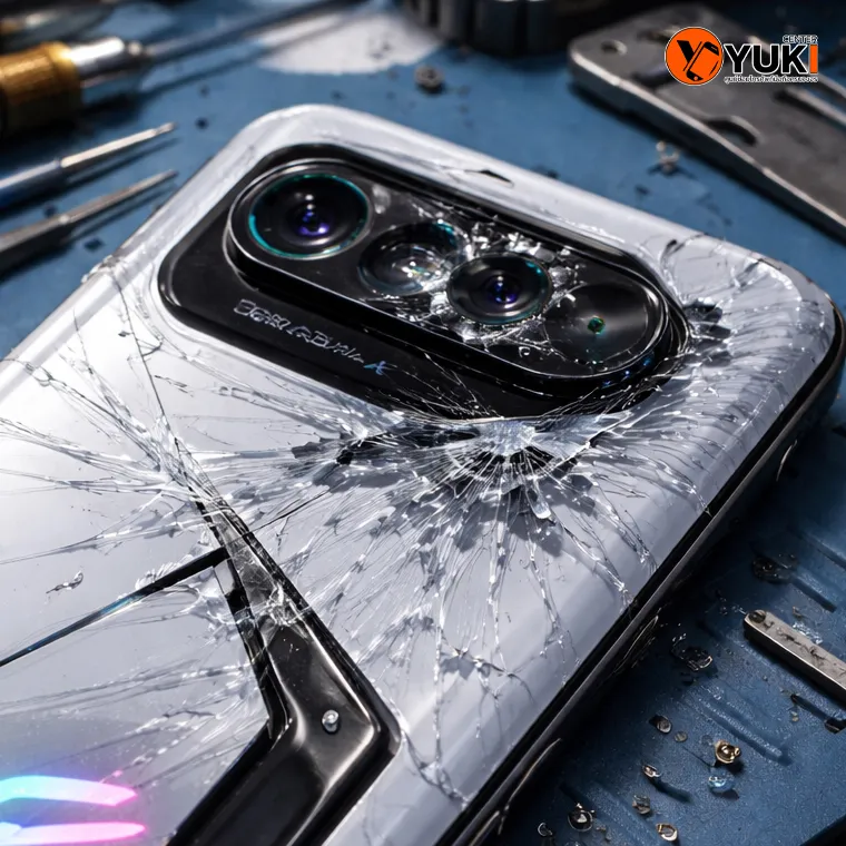 ROG Phone 8 ฝาหลังกระจกแตกและเลนส์กล้องหลังเสียหายบนโต๊ะช่างในแล็บซ่อมมือถือ เตรียมเปลี่ยน back glass replacement