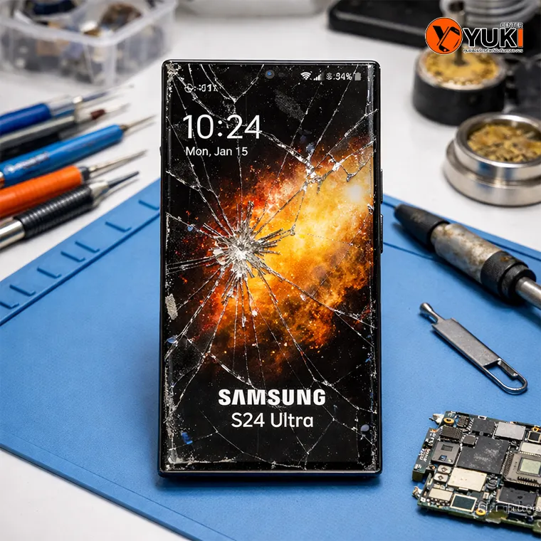 Samsung S24 Ultra หน้าจอแตกบนโต๊ะช่างซ่อมมือถือในแล็บซ่อม พร้อมเครื่องมือซ่อมมือถือสำหรับงาน Samsung S24 Ultra Glass Replacement และเปลี่ยนกระจกหน้าจอ