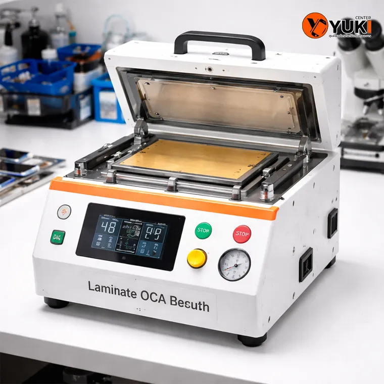 เครื่อง Laminate OCA Machine สำหรับซ่อมจอมือถือและเปลี่ยนกระจกหน้าจอ ใช้ในงาน Samsung S24 Ultra Glass Replacement ภายในแล็บซ่อมมือถือระดับมืออาชีพ