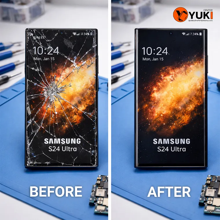ภาพเปรียบเทียบก่อนและหลังเปลี่ยนกระจก Samsung S24 Ultra หน้าจอแตกและหลังซ่อมด้วย Samsung S24 Ultra Glass Replacement ในแล็บซ่อมมือถือ