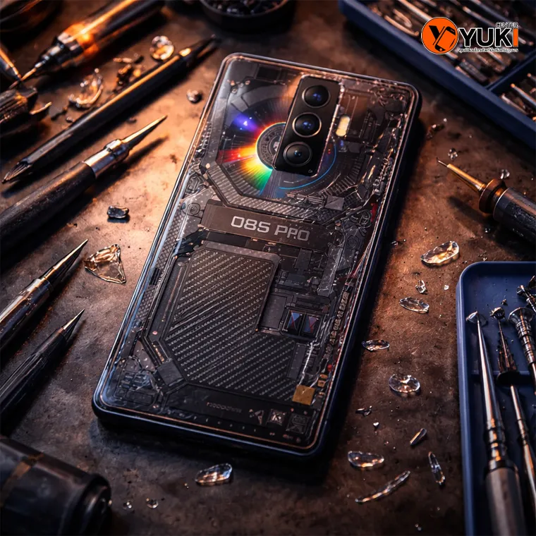 Red Magic 8S Pro ฝาหลังแตก วางบนโต๊ะซ่อมมือถือ พร้อมเครื่องมือช่างสำหรับเปลี่ยนฝาหลังโดยผู้เชี่ยวชาญที่ Yuki Center