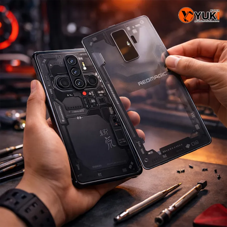 ช่างกำลังถอดฝาหลัง Red Magic 8S Pro เพื่อเปลี่ยนกระจกหลังใหม่ บนโต๊ะซ่อมมือถือที่ร้าน Yuki Center