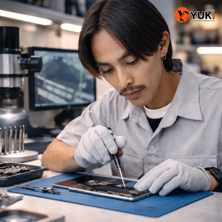 ช่างผู้เชี่ยวชาญกำลังซ่อมหน้าจอ iPhone และเมนบอร์ด iPad อย่างละเอียดที่ Yuki Center รามอินทรา ราคาถูกกว่าศูนย์