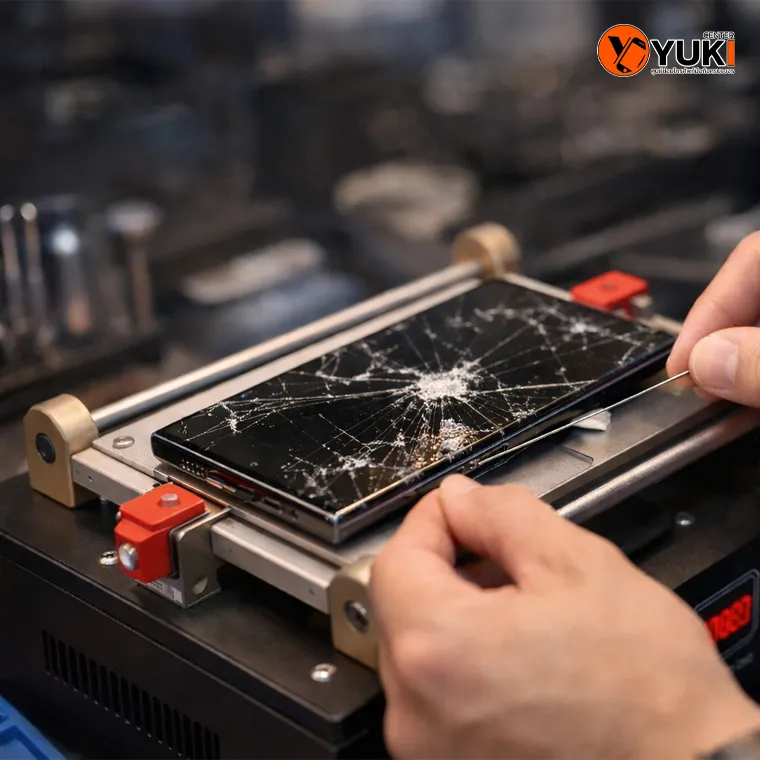 ช่างกำลังลอกกระจก S23 Ultra glass repair ด้วยเครื่องแยกหน้าจอในแล็บซ่อมมือถือมืออาชีพ