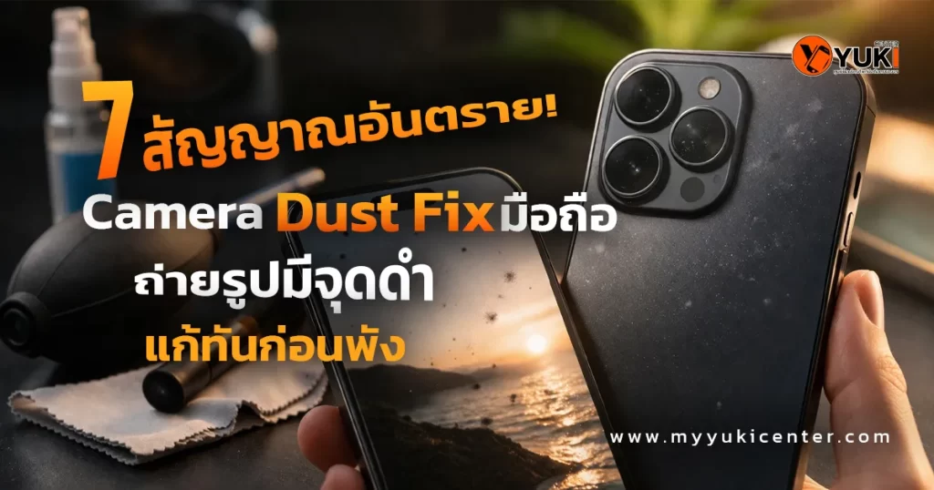 ซ่อมกล้องมือถือมีฝุ่น Camera Dust Fix ถ่ายรูปมีจุดดำ ช่างกำลังทำความสะอาดเลนส์กล้อง iPhone ในแล็บ