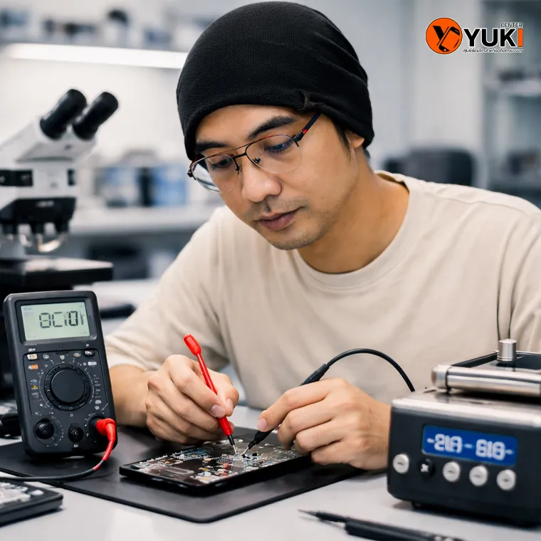 ช่างซ่อมมือถือใช้มัลติมิเตอร์ตรวจวงจรบนเมนบอร์ดในแล็บ ซ่อมมือถือด่วน รังสิต คลอง 2 โดย Yuki Center