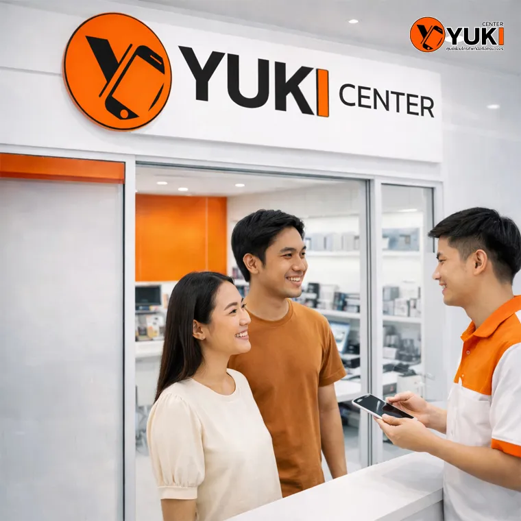 ลูกค้ากำลังรับบริการที่หน้าร้านซ่อมมือถือ Yuki Center รังสิต คลอง 2 ร้านซ่อมมือถือคุณภาพ บริการรวดเร็ว