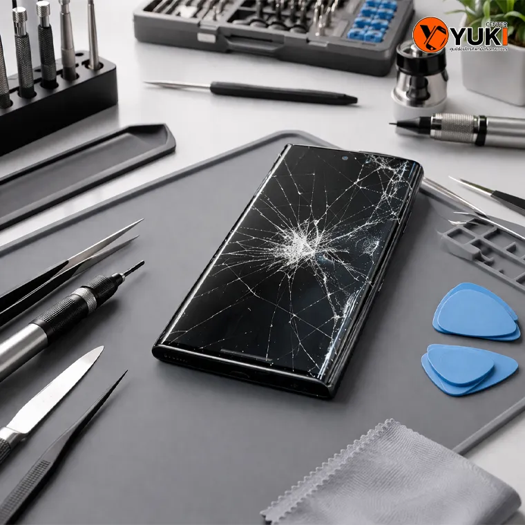 เปลี่ยนกระจก S23 Ultra glass repair มือถือหน้าจอแตกวางบนโต๊ะซ่อมพร้อมอุปกรณ์ช่างมืออาชีพ