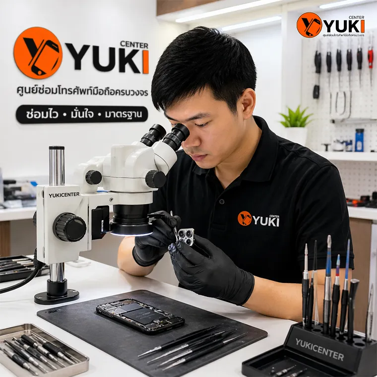 ช่างผู้เชี่ยวชาญจาก Yuki Center ใช้กล้องไมโครสโคปตรวจเช็กโมดูลกล้อง iPhone 15 Pro เพื่อแก้ไขอาการกล้องสั่น