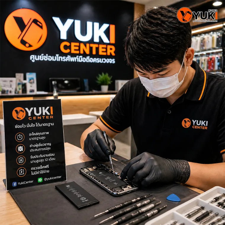 ช่างผู้เชี่ยวชาญจาก Yuki Center กำลังเปลี่ยนแบตเตอรี่มาตรฐาน มอก. เพื่อแก้ปัญหา iPhone 13 แบตหมดไว พร้อมการรับประกันงานซ่อม