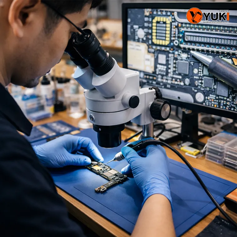 ช่างผู้เชี่ยวชาญจาก Yuki Center กำลังซ่อมเมนบอร์ดมือถือด้วยกล้องไมโครสโคป บริการ Mobile Repair Services รามอินทรา 99 ใกล้แฟชั่นไอส์แลนด์