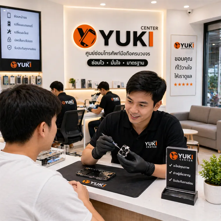 บรรยากาศหน้าร้าน Yuki Center ช่างเทคนิคกำลังให้คำปรึกษาการซ่อมกล้อง iPhone 15 Pro กับลูกค้าอย่างเป็นกันเอง