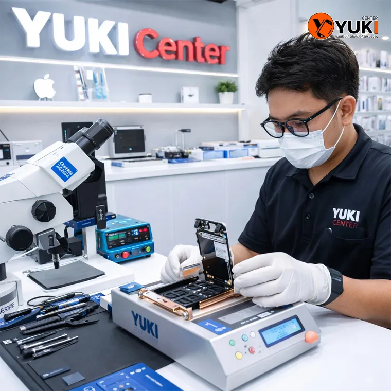 บรรยากาศร้าน Yuki Center ศูนย์ซ่อมไอโฟนมาตรฐาน ช่างกำลังซ่อม iPhone 14 ด้วยเครื่องมือทันสมัย