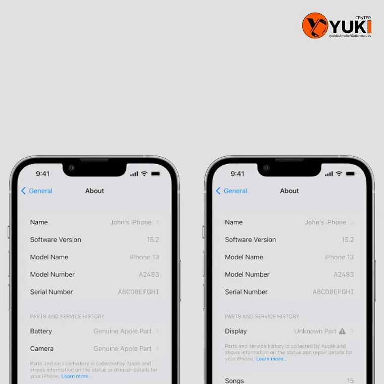 แจ้งเตือน Unknown Part iPhone ปี 2026 เปรียบเทียบเครื่องที่ใช้อะไหล่แท้กับเครื่องที่ขึ้น Display Unknown Part หลังซ่อม