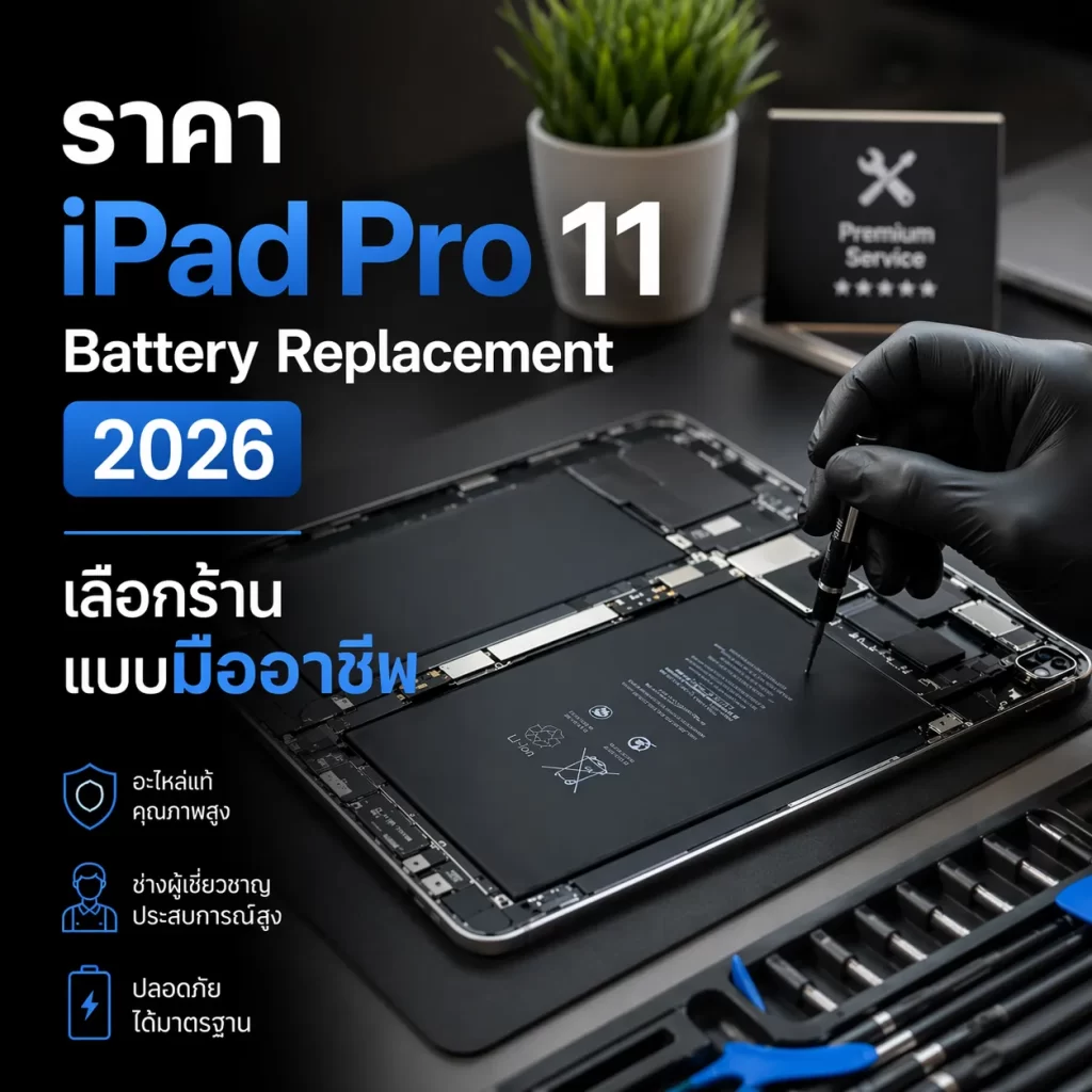 เปลี่ยนแบต iPad Pro 11 Battery Replacement ปี 2026 ช่างกำลังซ่อมแบตเตอรี่ภายในเครื่องด้วยอุปกรณ์มืออาชีพ บนโต๊ะซ่อมมาตรฐาน