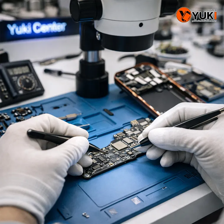 ช่างผู้เชี่ยวชาญกำลังซ่อมเมนบอร์ด iPhone iPad ด้วยกล้องไมโครสโคปที่ร้าน Yuki Center รามอินทรา