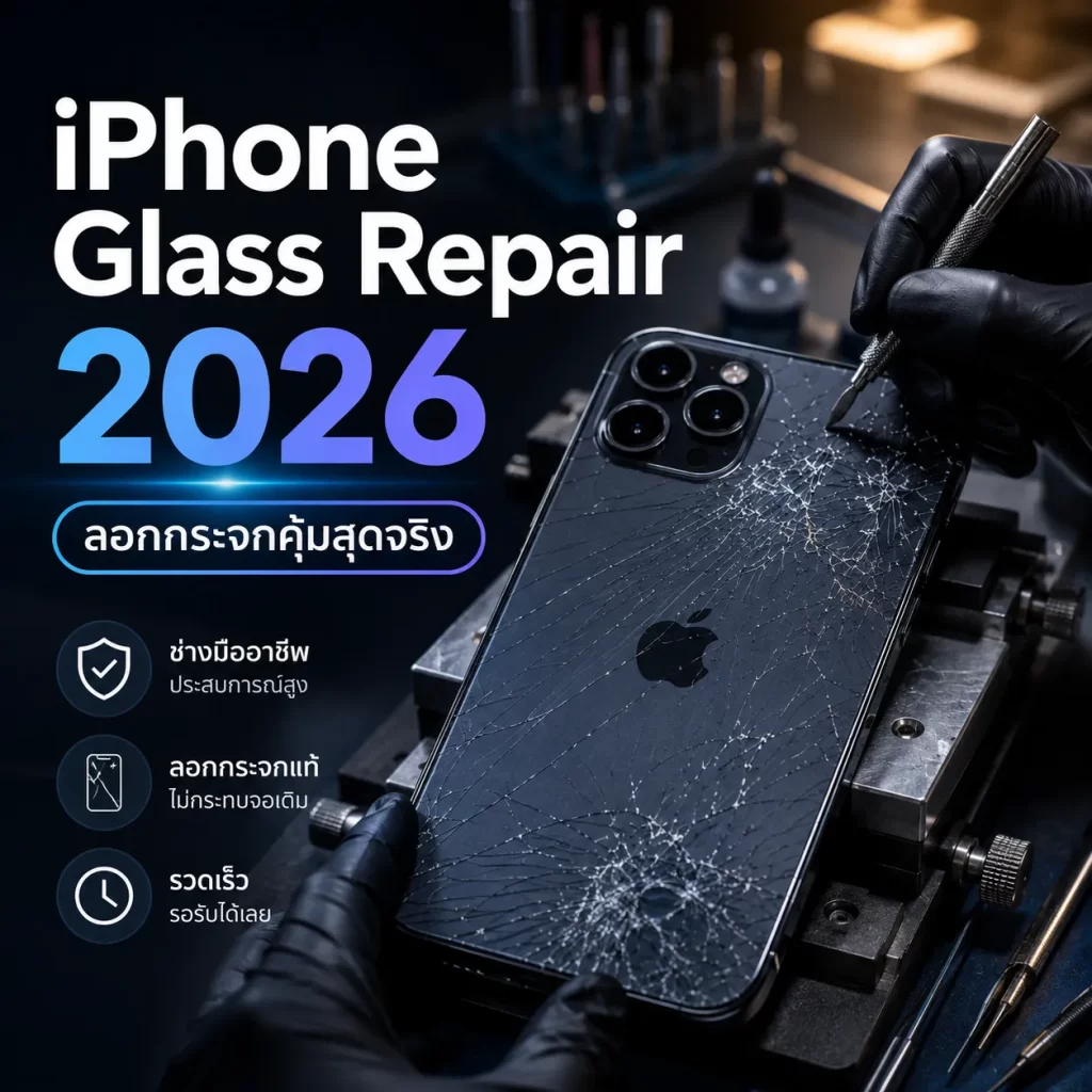 iPhone Glass Repair 2026 ลอกกระจกไอโฟนแตกโดยช่างมืออาชีพ ใช้เครื่องมือซ่อมระดับสูงในห้องซ่อมมาตรฐาน ช่วยประหยัดกว่าการเปลี่ยนจอใหม่