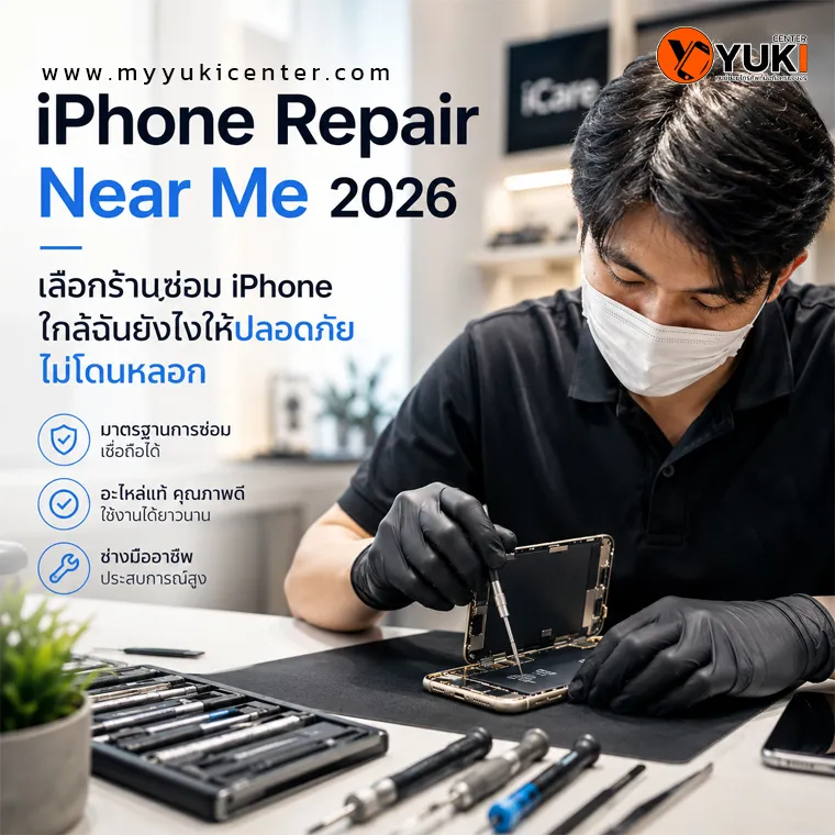 ช่างซ่อม iPhone กำลังแกะเครื่องและตรวจสอบภายในบนโต๊ะซ่อมมาตรฐาน พร้อมอุปกรณ์ช่างครบชุด สำหรับบริการ iPhone Repair Near Me 2026 ที่เน้นความปลอดภัยและคุณภาพงานซ่อม