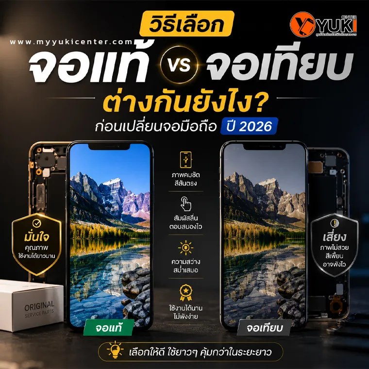 เปรียบเทียบจอแท้กับจอเทียบมือถือในปี 2026 แสดงความแตกต่างด้านสี ความสว่าง ความลื่น และคุณภาพการแสดงผลของหน้าจอ OLED