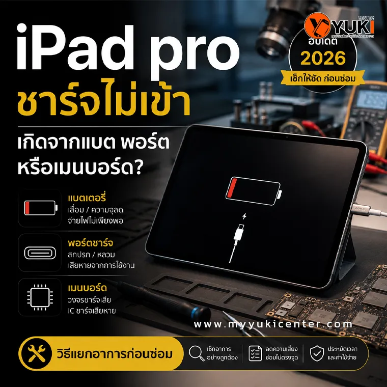 iPad Pro ชาร์จไม่เข้า แสดงสัญลักษณ์แบตเตอรี่ต่ำบนหน้าจอ พร้อมข้อมูลสาเหตุจากแบตเตอรี่ พอร์ตชาร์จ และเมนบอร์ดเสียในศูนย์ซ่อม YukiCenter ปี 2026