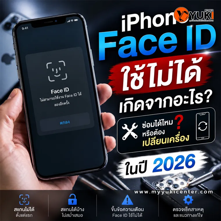 iPhone Face ID ใช้ไม่ได้ แจ้งเตือน Face ID Not Available บนหน้าจอ สาเหตุจากชุด TrueDepth Camera เสีย น้ำเข้า เครื่องตก หรือเมนบอร์ดมีปัญหา พร้อมบริการซ่อม Face ID โดยช่างผู้เชี่ยวชาญปี 2026